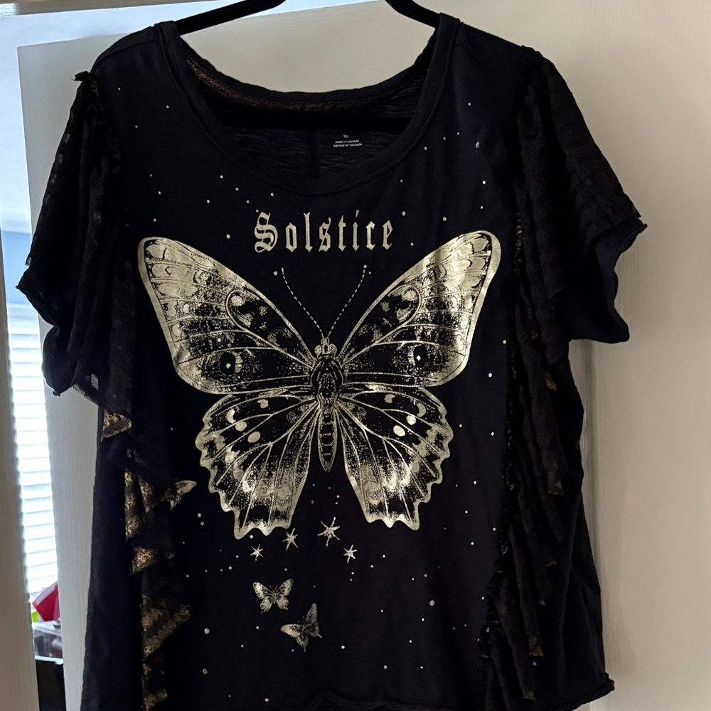 Pilcro Black Tee with Silver Butterfly Design